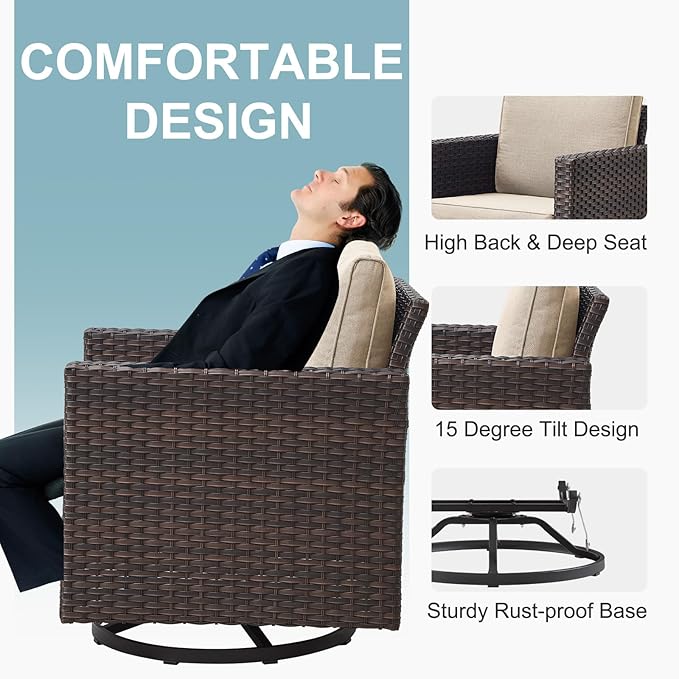 Belord 7 Pieces Patio Furniture Set with Fire Pit Table: Wicker Patio Conversation Set with Outdoor Swivel Glider Rocker Patio Couch Metal Side Table, All Weather Brown Rattan