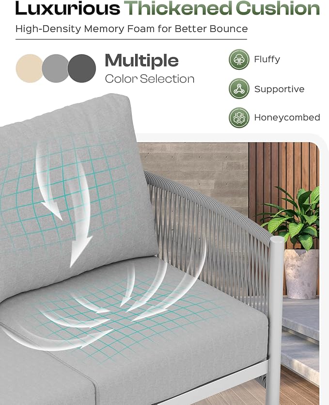 Aluminum Outdoor Patio Couch Loveseat, HDPE Rope Patio Sofa with Washable Thick Cushion, All-Weather Patio Furniture for Balcony, Yard, Silver Frame, Silver