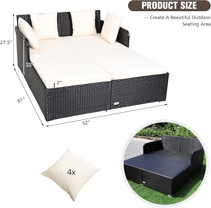 RELAX4LIFE Rattan Patio Outdoor Daybed, Wicker 2-Person Sunbed Loveseat with Soft Cushions, 4 Pillows, Curved Backrest & Armrest, Double Bed Lounger Sofa Set for Balcony Porch, Patio Bed (Beige)
