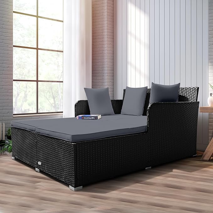 RELAX4LIFE Rattan Patio Outdoor Daybed, Wicker 2-Person Sunbed Loveseat with Soft Cushions, 4 Pillows, Curved Backrest & Armrest, Double Bed Lounger Sofa Set for Balcony Porch, Patio Bed (Grey)