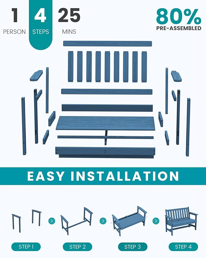 SERWALL Outdoor Bench, HDPE Outdoor Benches Weatherproof, 2-Person Garden Bench with 660 lbs Weight Capacity, Patio Benches for Outdoors, Garden, Porch, Backyard and Park, Navy Blue