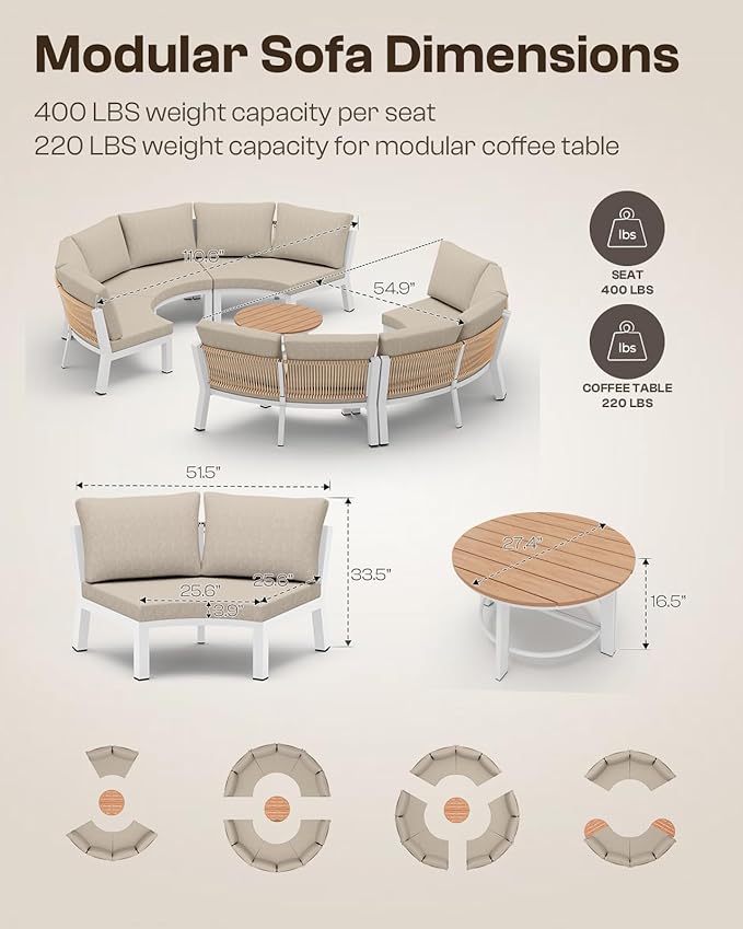 Outdoor Patio Sectional Modular Sofa, Aluminum 1 Piece Curved Patio Couch with Washable Cushions, All Weather PE Rope Sofa for Backyard,Porch, Deck, Poolsid, White