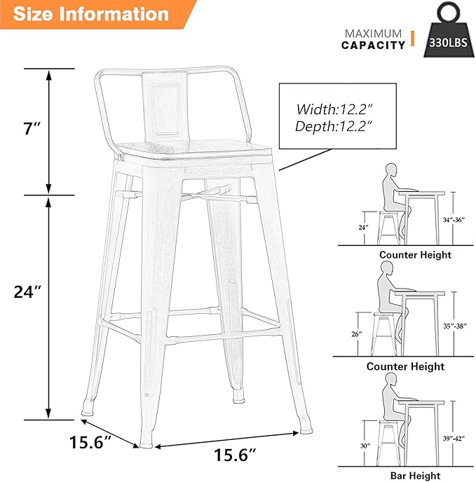 Yongchuang 24 inch Metal Bar Stools Set of 4 Counter Height Barstools Farmhouse Kitchen Bar Chairs with Wood Seat Low Back Cream White