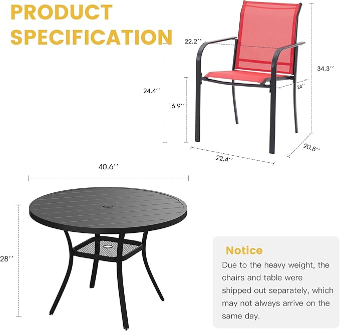 VICLLAX 5 Pieces Patio Dining Set for 4, Outdoor Furniture Set Includes 40.7" Round Patio Table and 4 Patio Stackable Chairs, Black Tabletop and Red Fabric