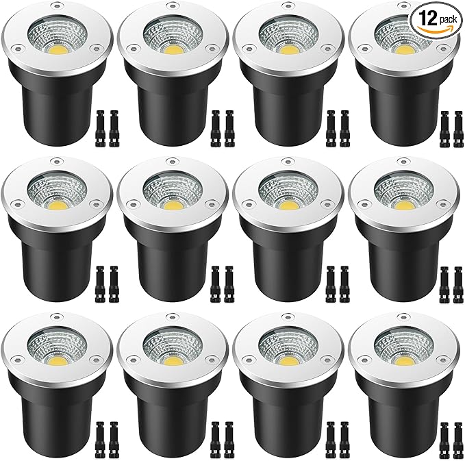 LED Landscape Lights, 12 Pack 7W Ground Lights With 24 Connectors, Low Voltage In-Ground Well Pathway Lighting, Warm White, Waterproof for Driveway, Deck, Step, Garden