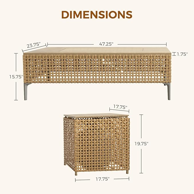 Grand patio 15-Piece Patio Furniture Set with 47" Fire Pit Table, Outdoor Conversation Set & 50,000 BTU 47 Inch Rectangle Propane Fire Pit & Storage Box with Water Resistant Thick Cushions, Cream
