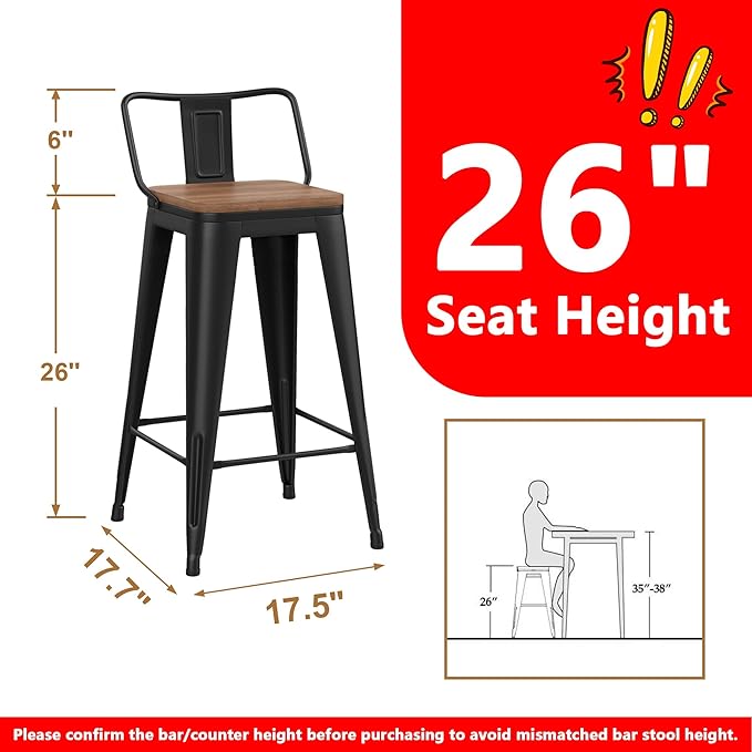 WENTMENT Metal Bar Stools Set of 4 Counter Height Barstools with Removable Back 26" Kitchen Bar Stools with Wooden Seat, Black