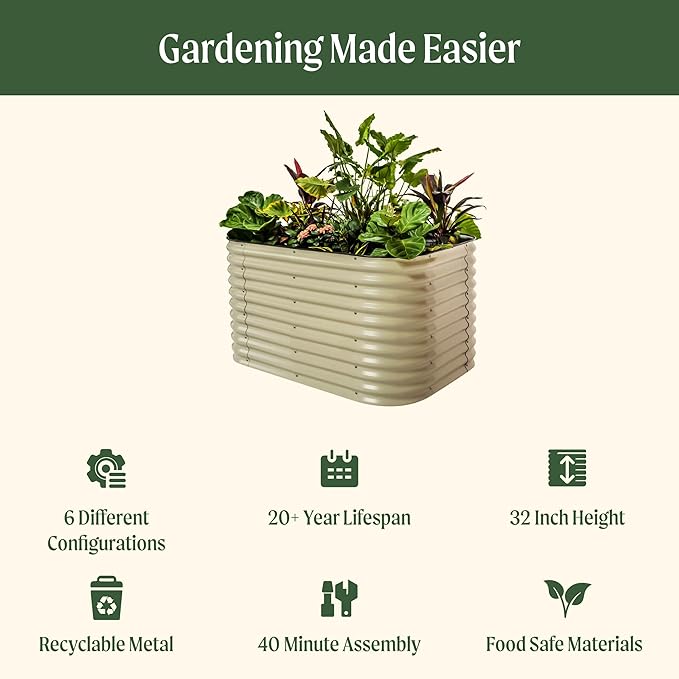 32" Extra Tall Raised Garden Bed Kits, 3.5 x 5 x 2.7ft Raised Planter Box Outdoor, 2 x 6.5 x 2.7ft Deep Root 6 in 1 Modular Metal Raised Beds for Gardening Vegetables Flowers Fruits - Pearl White