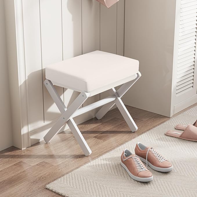 Foldable Foot Stool Ottoman, Modern Foot Rest with Bamboo X Legs & Thick Foam Cushion, Folding Foot Stools Small Padded for Bedroom Living Room, Footstool for Chair Couch (White - White)