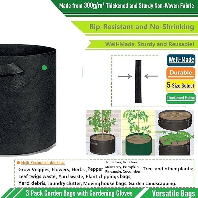 3-Pack 30 Gallon Thickened Plant Grow Bags Large (24x16 in) Heavy Duty Garden Bag Fabric Plant Pots for Tomato,Potato Planter,Flower Pots,Herbs Veggies Planting,Barrel Planter,Leaf Bag,Yard Waste Bags
