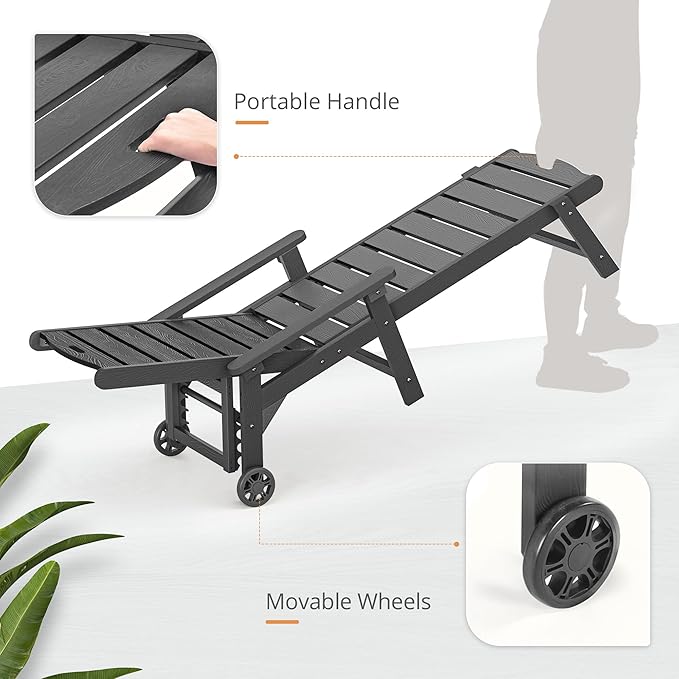 LUE BONA Outdoor Chaise Lounge Chairs Set of 4, HDPS Chaise Lounger, 5 Positions Adjustable Lounge Chairs, Pool Lounge Chair with Wheels for Poolside, Dark Gray
