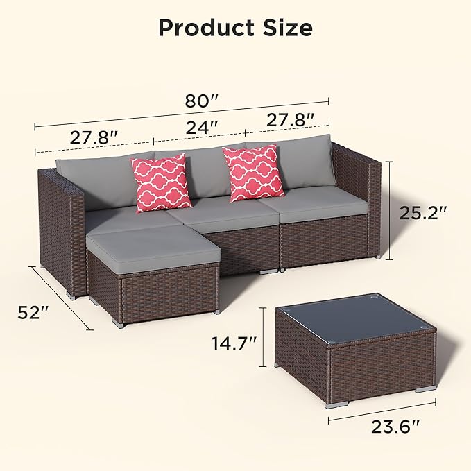 Aiho 5 Pieces Patio Furniture Set All-Weather Outdoor Wicker Sectional Patio Furniture with Cushion and Glass Table (Grey)