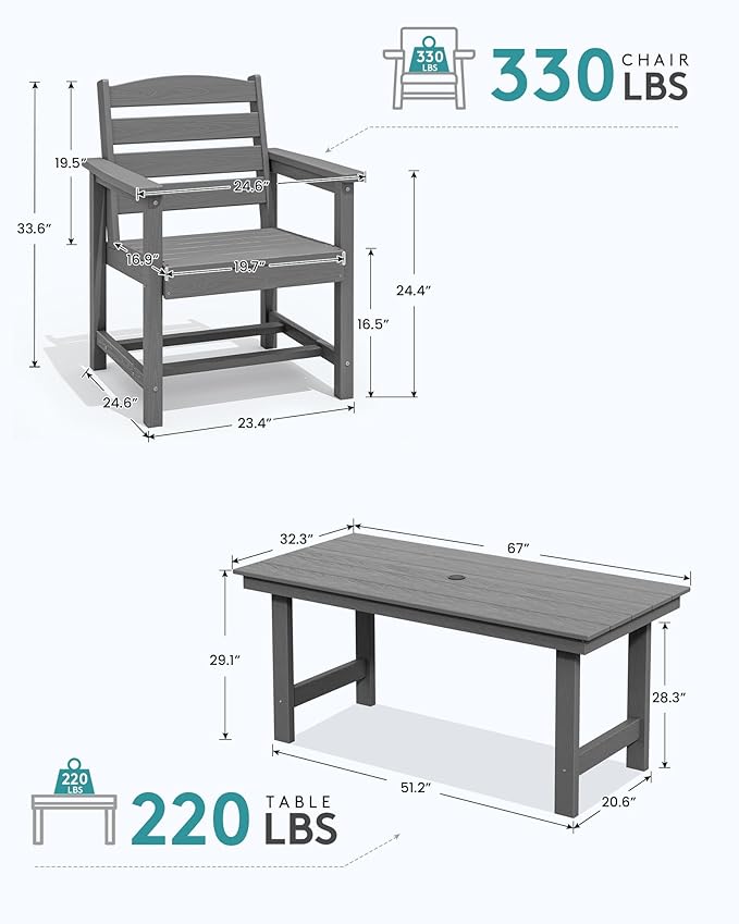 SERWALL Patio Dining Table and Bench Set for 6, Gray