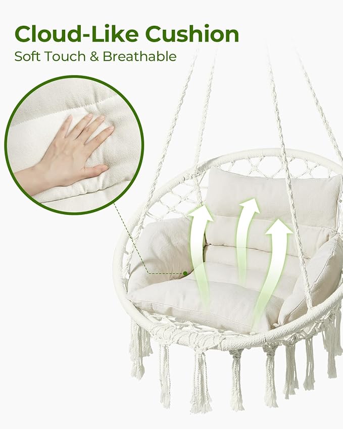 Greenstell Hammock Chair, Macrame Swing Chair with Comfy Cushion, Boho Hanging Chair for Outdoor & Indoor, Perfect for Bedroom, Patio, Balcony, Hold up to 330Lbs, White