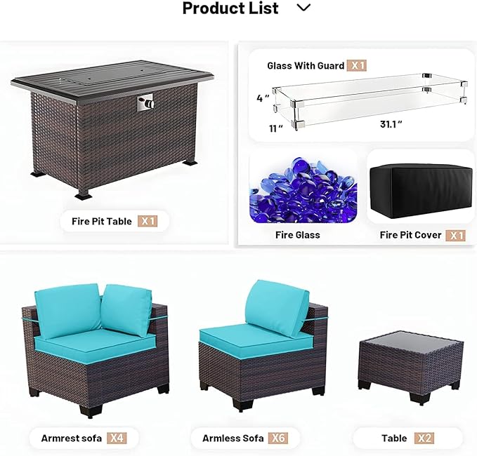 Kullavik 13 Pieces Outdoor Patio Furniture Set with 43" 55000BTU Gas Propane Fire Pit Table PE Wicker Rattan Sectional Sofa Patio Conversation Sets,Blue
