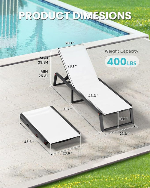 Aluminum Chaise Lounge Outdoor Set of 2, Foldable & Assembly Free Patio Pool Lounge Chairs 5-Position Recliner for Outside Poolside, Fully grounded legs Sun Lounger for Beach, Yard, Bright White