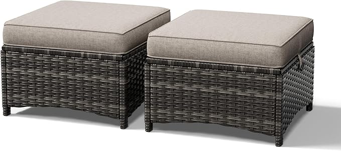 Joyside Outdoor Ottoman Set of 2, Patio Large Ottoman Foot Rest with Thickened Cushions, Outdoor Wicker Foot Stool for Porch, Deck Use