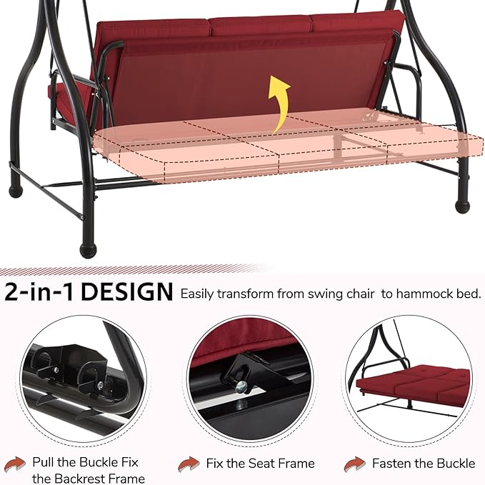 U-MAX Porch Swing with Cover, Patio Swing with Adjustable Backrest&Canopy 3 Seat Outdoor Swing with Canopy 2-in-1 Convertible Patio Daybed with Removable Burgundy Cushions