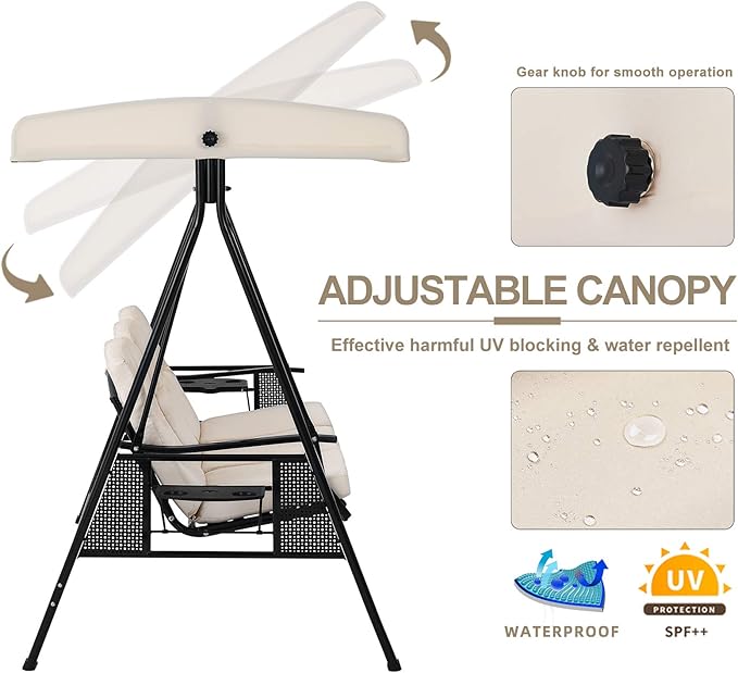 U-MAX 3-Seat Outdoor Patio Swing Chair, Swing Glider with Canopy Porch Swing, Weather Resistant Steel Frame Cup Holders Cushions, Adjustable Tilt Canopy, Beige