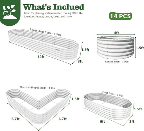 A ANLEOLIFE Set of 14, 18 Inch Tall Raised Garden Beds Kit, Heart-Shaped, Long Oval & Round Metal Planters – Ideal for Creative Garden Layouts, Antique White