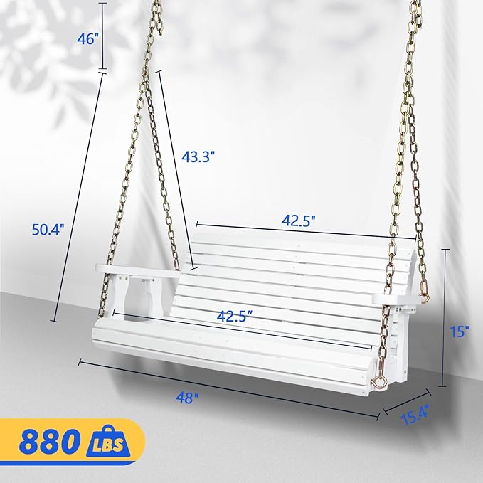 VINGLI Upgraded Patio Wooden Porch Swing for Courtyard & Garden, Heavy Duty 880 LBS Swing Chair Bench with Hanging Chains for Outdoors (White, 4 FT)