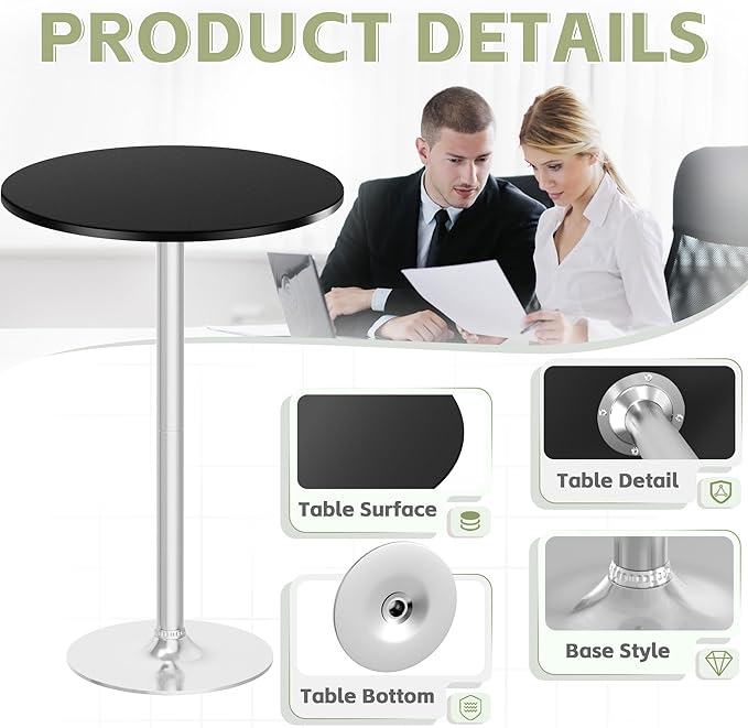 Flamaker Round Bistro Pub Table Modern Style Metal Base MDF Top Cocktail Bar Table Counter Bar Height for Pub, Dining Room, Party (1, Black-Silver)