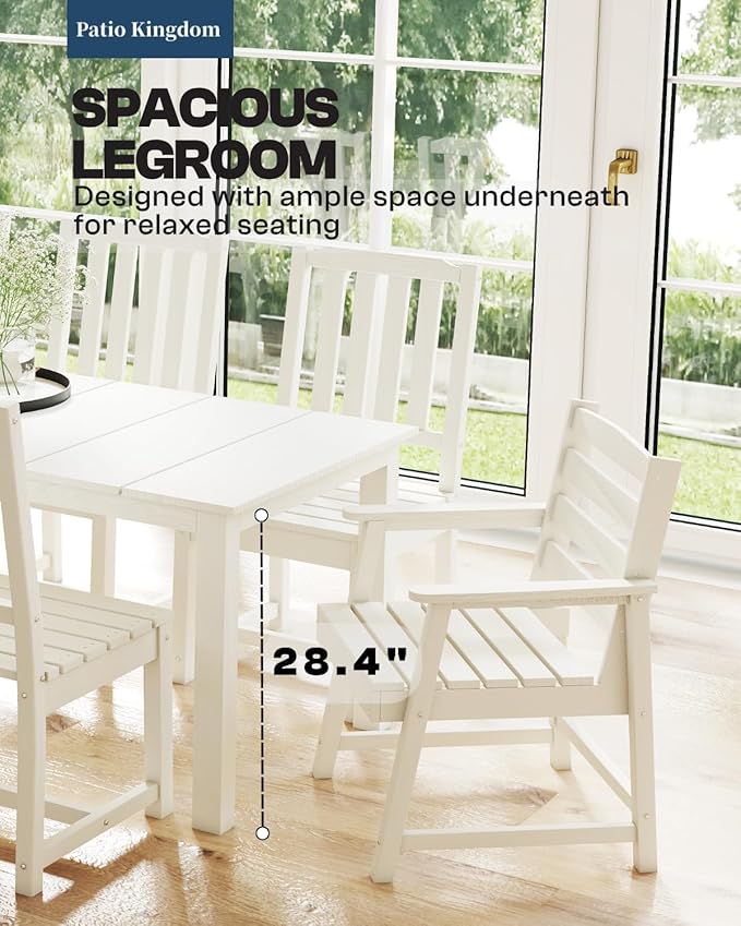 7-Piece White Outdoor Dining Set for 6, 75.2'' HDPE Table with Umbrella Hole & Chairs, Weather-Resistant Patio Furniture for Garden, Lawn, or Poolside