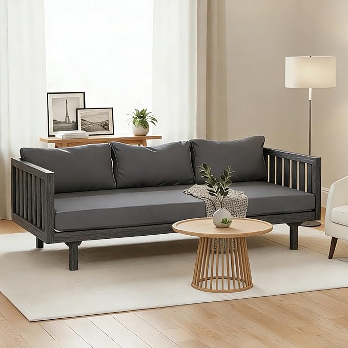 Merax Solid Acacia Wood Couch Chaise Lounge Chair Indoor, 3 Seater Daybed Sofa Couches with Cushions & Pillow, Heavy Frame Day Bed for Living Room, Office, Outdoor, Balcony, Patio, Water Resistant