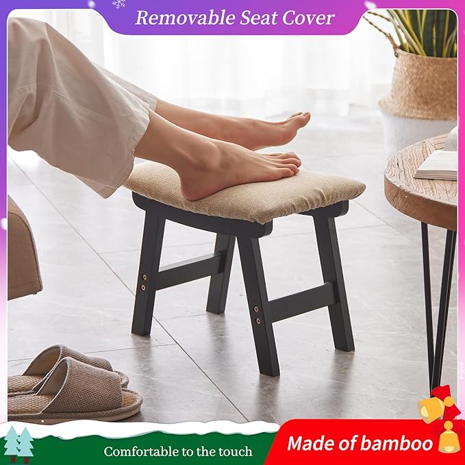 Foot Stool,Ottoman,Bamboo Small Sofa Foot Rest Under Desk,Extra Seating for Living Room, Bedroom and Kitchen (Black Stool Legs - Beige Surface)