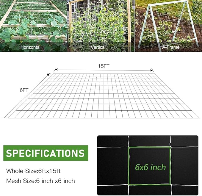 Trellis Netting, CANAGROW Heavy-Duty Garden Plant Trellis Netting for Climbing Plants, Outdoor Indoor Grow Net for Beans Tomatoes Peas Pumpkin Flowers, 6x15ft, Pack of 2