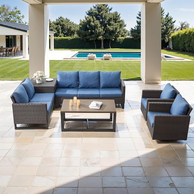 Belord Family Reunion Patio Conversation Set - 6 Piece Outdoor Sectional Furniture Set with Storage Box and Wicker Swivel Glider Chair Set of 2,Removable Blue Cushions for Deck Backyard Sunroom