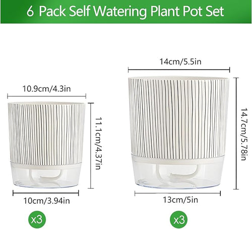6 Pack Self Watering Pots for Indoor Plants, Flower Planters with Wick Rope & Reservoir, 4" + 5.5" Plastic Pots for African Violet, Orchid, Succulent, Herbs