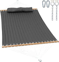 2 Person Hammocks for Outside, Double Quilted Fabric Outdoor Hammock with Spreader Bar, Large Removable Pillow, Storage Pockets, Carabiners, Max 475 lbs Capacity (Dark Grey)
