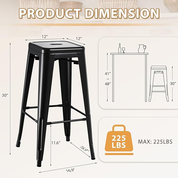 Furmax 30 Inch Metal Bar Stools Set of 4, Counter Height Backless Stools, Industrial Bar Chairs Patio Stool Stackable Backless Stool for Kitchen/Dining Room/Bistro/Patio Indoor Outdoor (Dark Black)