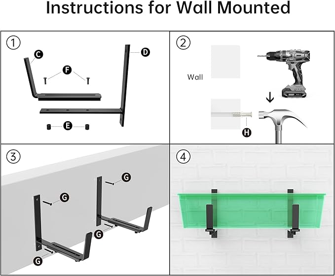 Y&M Adjustable Planter Brackets (6 to 12.5 in), Heavy Duty Iron Window Box Mounting Hooks for Balcony, Fences, Patio, Garden - Black