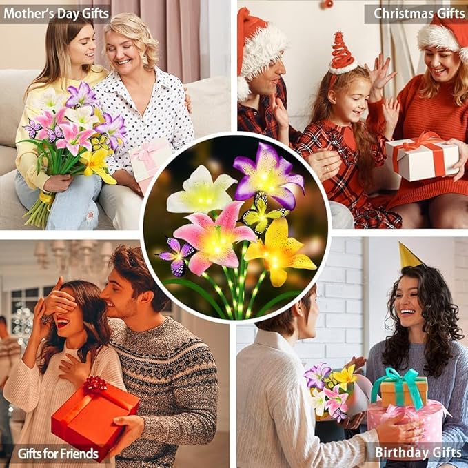 6 Pack Solar Garden Lights LED Solar Lilies Flower Lights, Yard Patio Pathway Decoration High Flexibility Copper Wire Handmade Silk Artificial Flowers Never Wither, Gift for Family, Friends