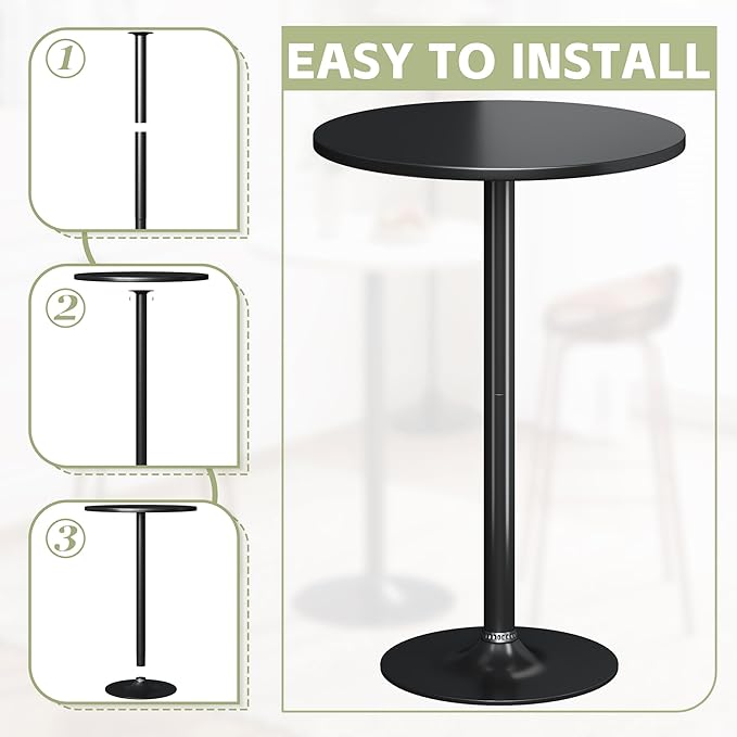 Flamaker Round Bistro Pub Table Modern Style Metal Base MDF Top Cocktail Bar Table Counter Bar Height for Pub, Dining Room, Party (2, Full Black)