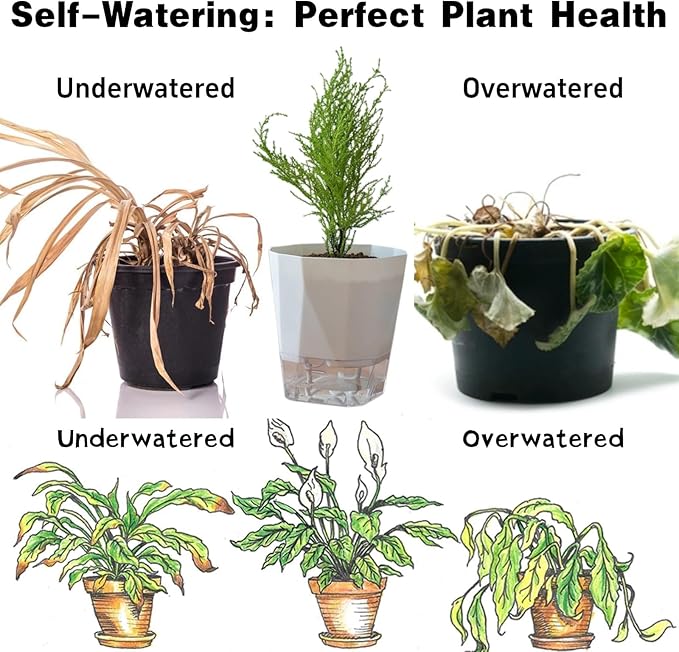 4 Packs Self Watering Plant Pots, Plastic Flower Pots with Drainage Hole and Saucer, Self Watering Planters for Indoor Outdoor Garden Plants, African Violet, Herbs (White, 5")