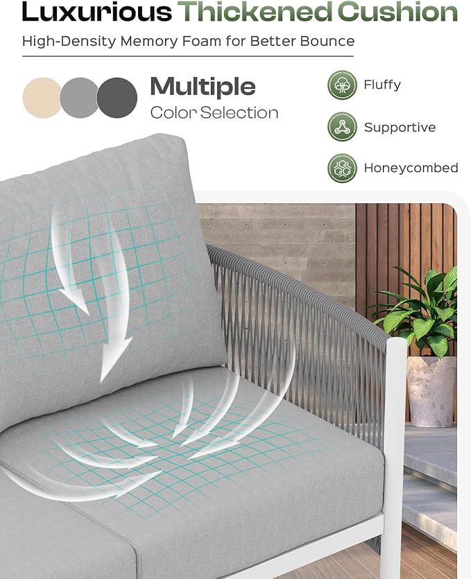 Aluminum Outdoor Patio Furniture Set with Dual-Layer Coffee Table, 4 Piece Modern Patio Conversation Sets with PE Rope, Outdoor Sectional Sofa with Thick Cushions for Balcony, Porch, White