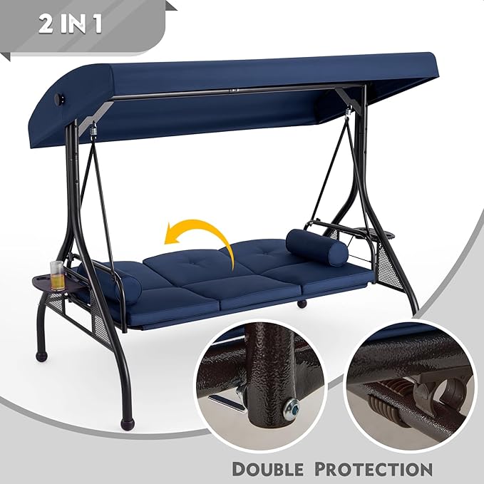 HOMREST 3 Seat Outdoor Porch Swing with Adjustable Canopy, Convertible Patio Swing Bed with Stand, Patio Glider Swing with Upgraded Cup Holder, Thicken Cushions ＆ Pillow for Backyard (Blue)