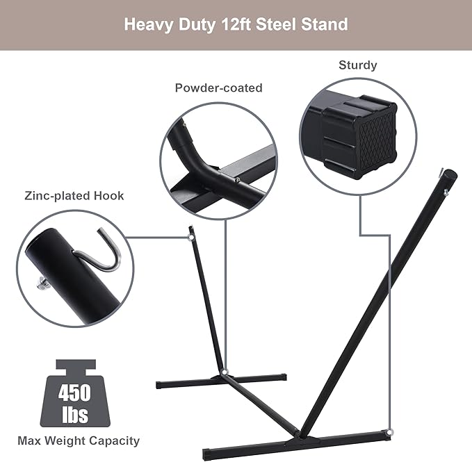Quick Dry Hammock with Stand Included, Heavy Duty Hammock with 12FT Hammock Stand for Outside, Poolside, 450 Lbs Capacity, Brown