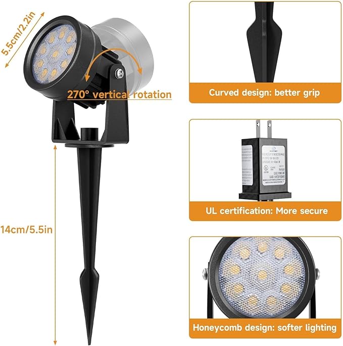 Warm White Spot Lights, Outdoor 3000K LED Spotlights, Outside Landscape Lighting IP65 Waterproof Garden Uplights for Lawn Front Porch Driveway Decorative, 2 Lights