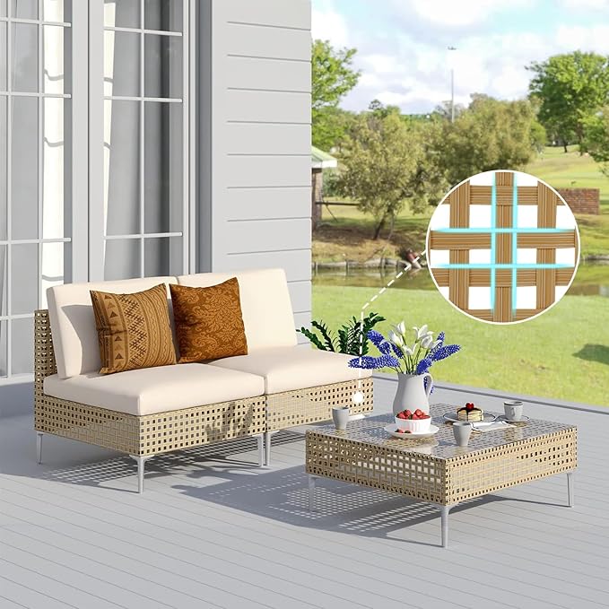 Grand patio 3-Piece Wicker Patio Furniture Set, Outdoor Sectional Sofa with Water Resistant Beige Thick Cushions and Coffee Table, Cream