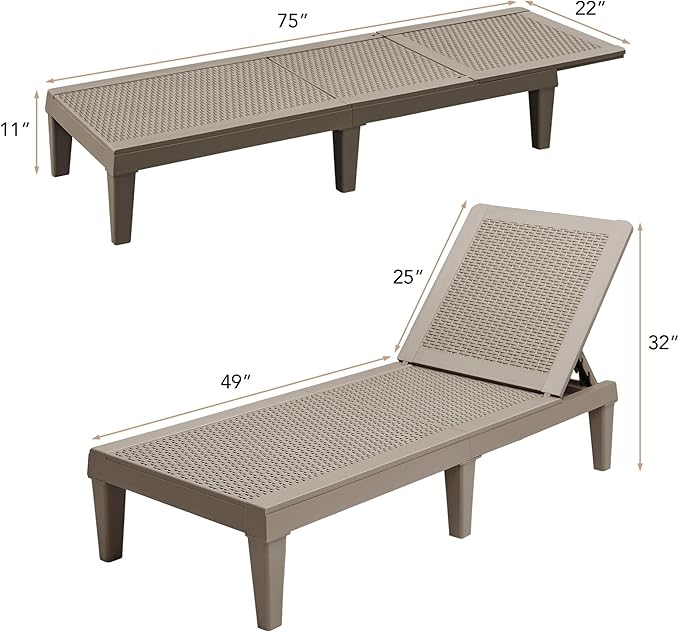 Devoko Outdoor Chaise Lounge Chair Set of 2 for Outside Pool Patio, Adjustable Waterproof Easy Assembly Chaise Lounge Outdoor (Light Brown, Set of 2)