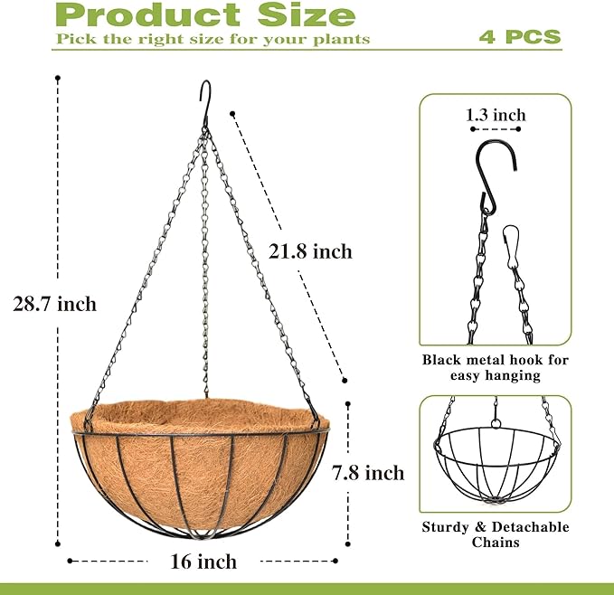 4 Pack 16 Inch Hanging Planters Outdoor Metal Hanging Flower Baskets with Coco Fiber Liners Chain Round Wire Plant Holder Hanging Flower Pots (Watermelon)