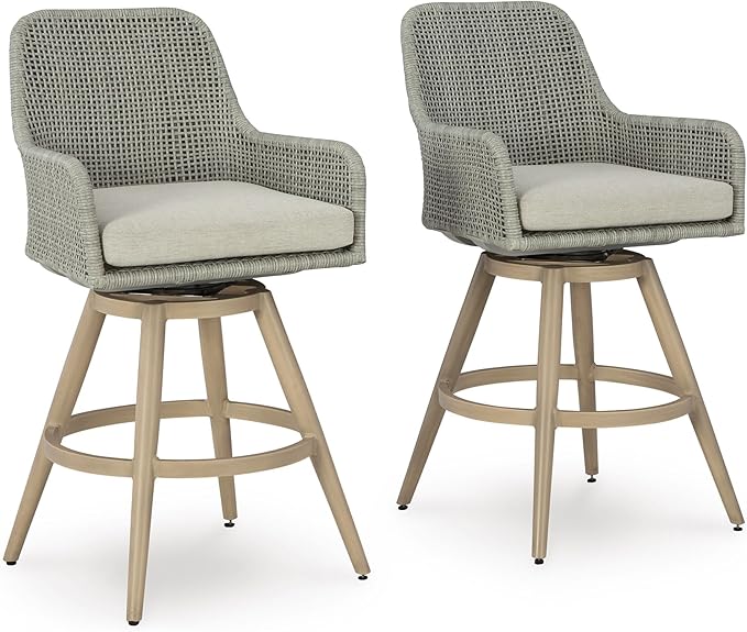 Signature Design by Ashley Seton Creek Casual Weather Resistant 360-Degree Swivel 31.75" Outdoor Bar Height StainlessBar Stool with Cushion, Set of 2, Beige & Light Gray