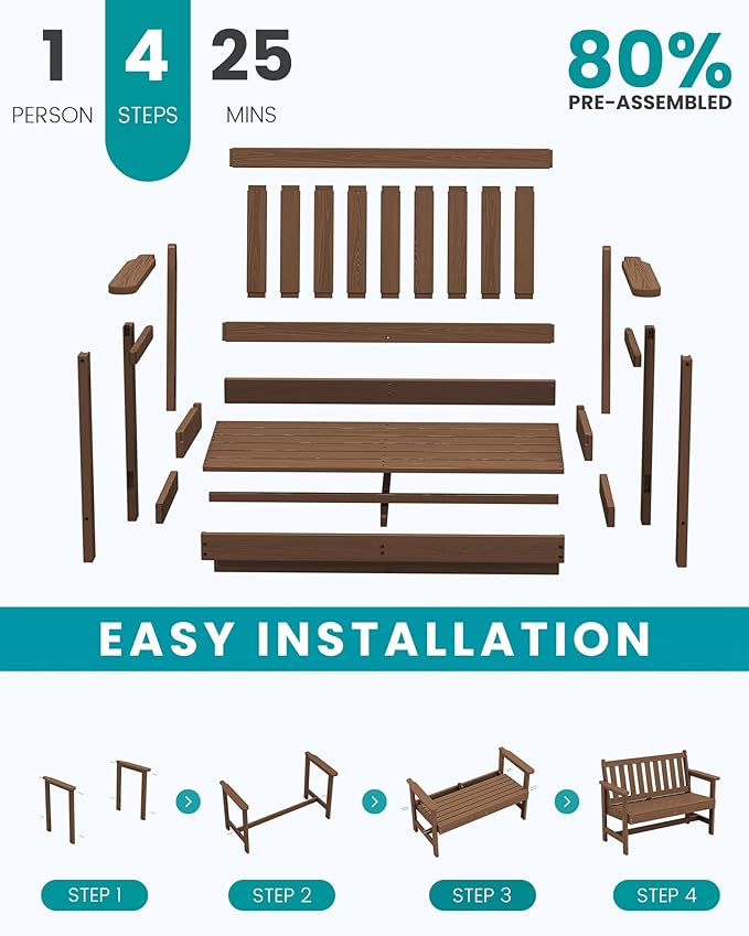 SERWALL Outdoor Bench, HDPE Outdoor Benches Weatherproof, 2-Person Garden Bench with 660 lbs Weight Capacity, Patio Benches for Outdoors, Garden, Porch, Backyard and Park, Brown, 2 Pack