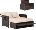 HAPPYGRILL Patio Rattan Wicker Daybed with Loveseat & Storage Ottoman, Outdoor Lounge Sofa Furniture Set with Adjustable Backrest & Side Trays, for Poolside Deck Porch Lawn (Mix Brown & Beige)