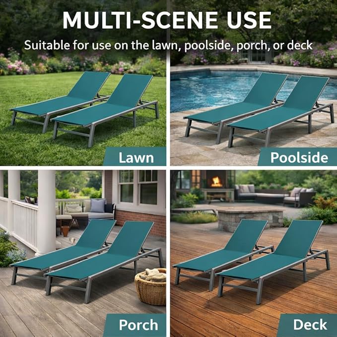 Kozyard 2-Pack Outdoor Lounge Chairs, Foldable Aluminum Frame Patio Chaise Lounge with 5-Position Adjustable Backrest, No Assembly, Breathable Textilene Fabric for Poolside Beach (MintGreen, Notable)