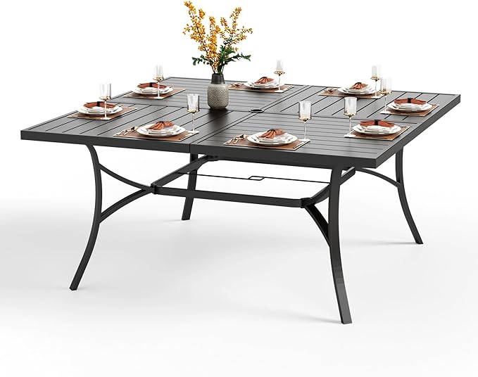 PHI VILLA Large Outdoor Square Dining Table for 8, 60" Metal Steel Slat Table with Umbrella Hole, Weather-Resistant Dining Fruniture for Patio, Deck, Backyard, Porch - Black